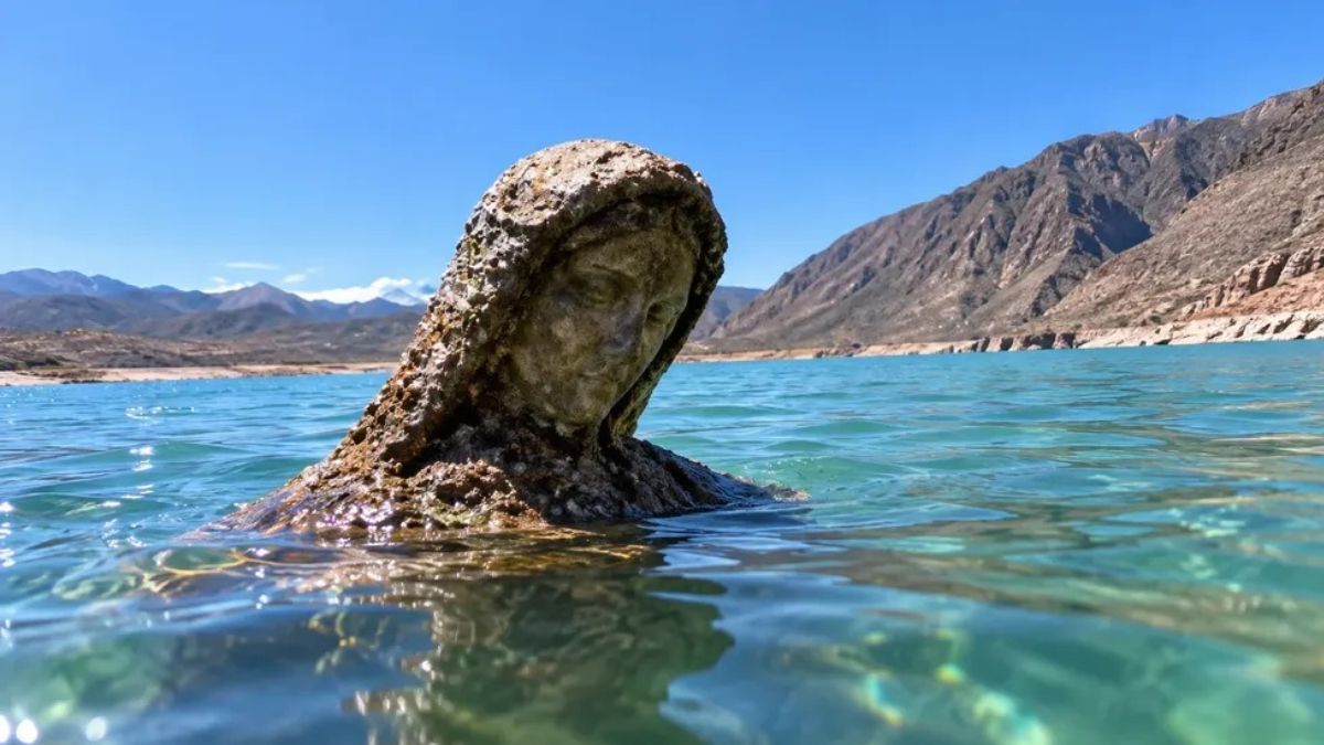 La Virgen del Agua a medida que bajaba el caudal del dique Potrerillos. La Virgen del Agua a medida que bajaba el caudal del dique Potrerillos.