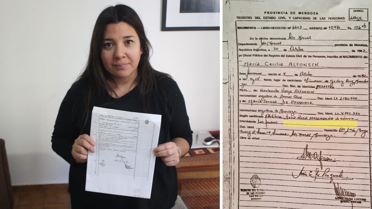 Acta. Cecilia Alfonsín con su partida de nacimiento, en la que aparece la partera Delia Rosa Mascareño de Gómez. Acta. Cecilia Alfonsín con su partida de nacimiento, en la que aparece la partera Delia Rosa Mascareño de Gómez.