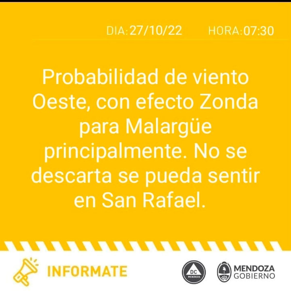 Defensa Civil de Mendoza emitió una alerta amarilla para Malargüe y San Rafael.