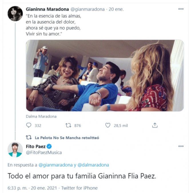 Gianinna Maradona y Fito Páez, en el recuerdo de Diego.