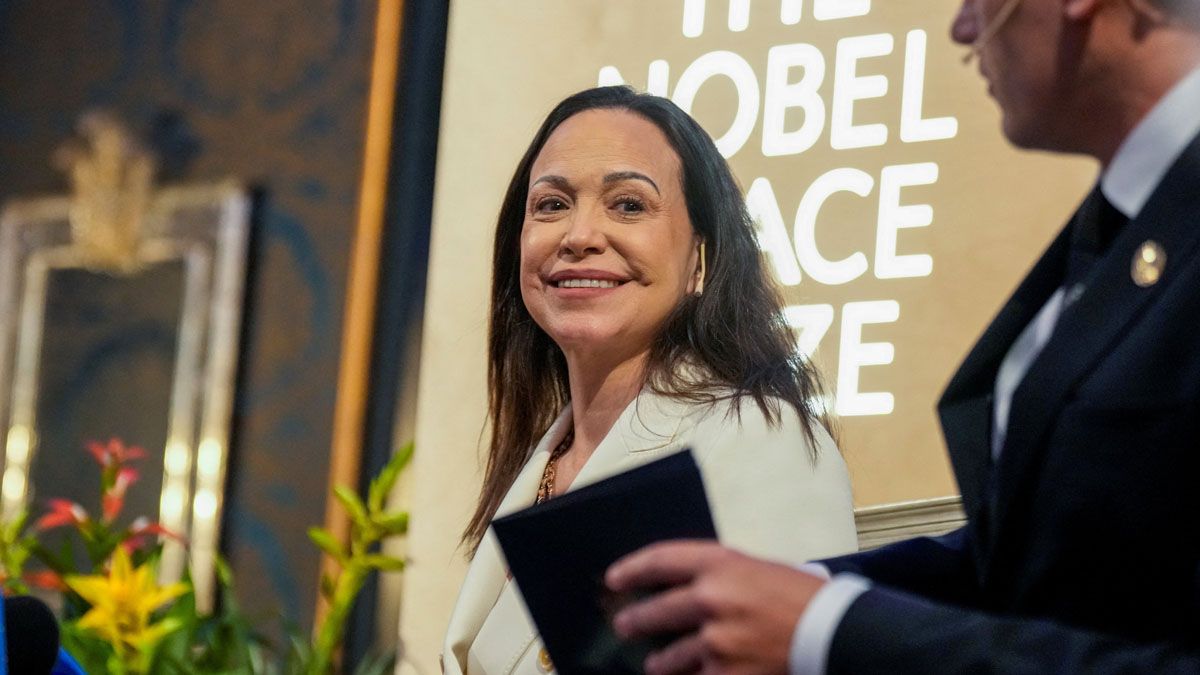 Corina Machado durante la conferencia de prensa que brindo en Oslo este jueves.