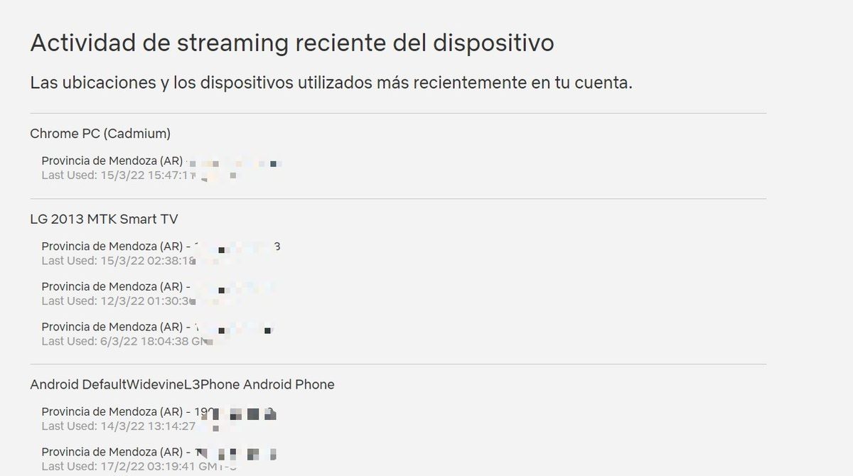 Visualización de la actividad reciente con ubicación, dispositivo utilizado, fecha, hora y dirección IP