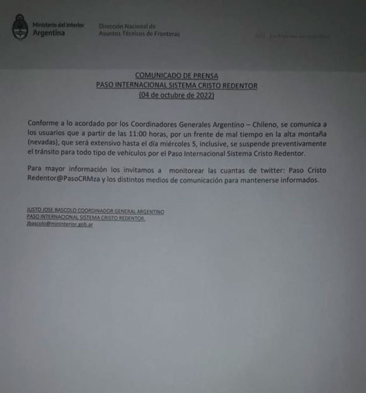 El paso a Chile permanecerá cerrado hasta el miércoles 5 de octubre, inclusive.