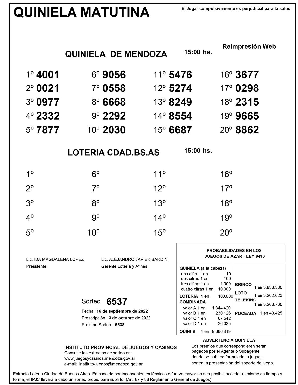 Extracto de la Quiniela de Mendoza en su edición Matutina del viernes 16 de septiembre.