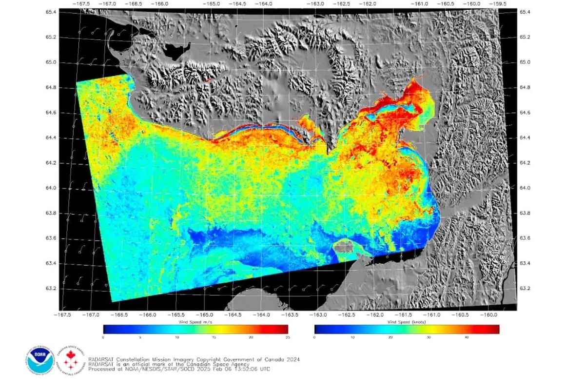 Un informe proporcionado por Rick Thoman de la UAF. Es una imagen SAR sobre las condiciones del hielo cerca de la costa luego de la desaparición del avión. Gentileza: Departamento de Bomberos Voluntarios de Nome. Un informe proporcionado por Rick Thoman de la UAF. Es una imagen SAR sobre las condiciones del hielo cerca de la costa luego de la desaparición del avión. Gentileza: Departamento de Bomberos Voluntarios de Nome.