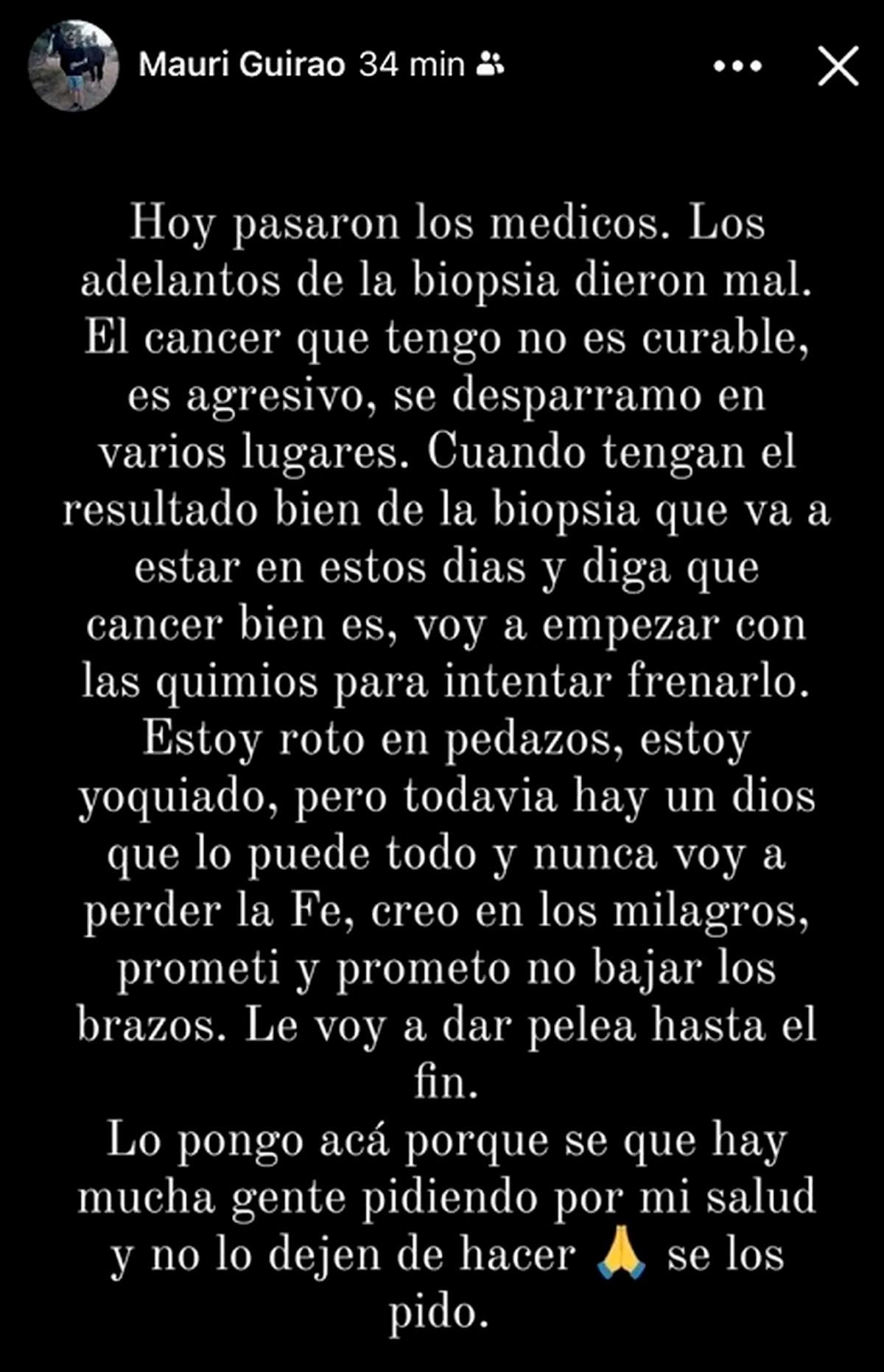El sentido mensaje de Mauricio Guirao, exparticipante de Gran Hermano, en sus redes sociales. El sentido mensaje de Mauricio Guirao, exparticipante de Gran Hermano, en sus redes sociales.