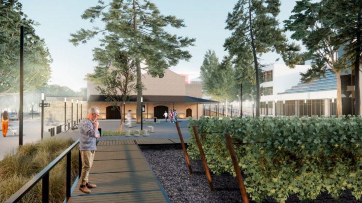 Imagen del proyecto. La Plaza del Vino estará en la explanada que comparten los frentes del Centro de Congresos y Exposiciones y la Enoteca.