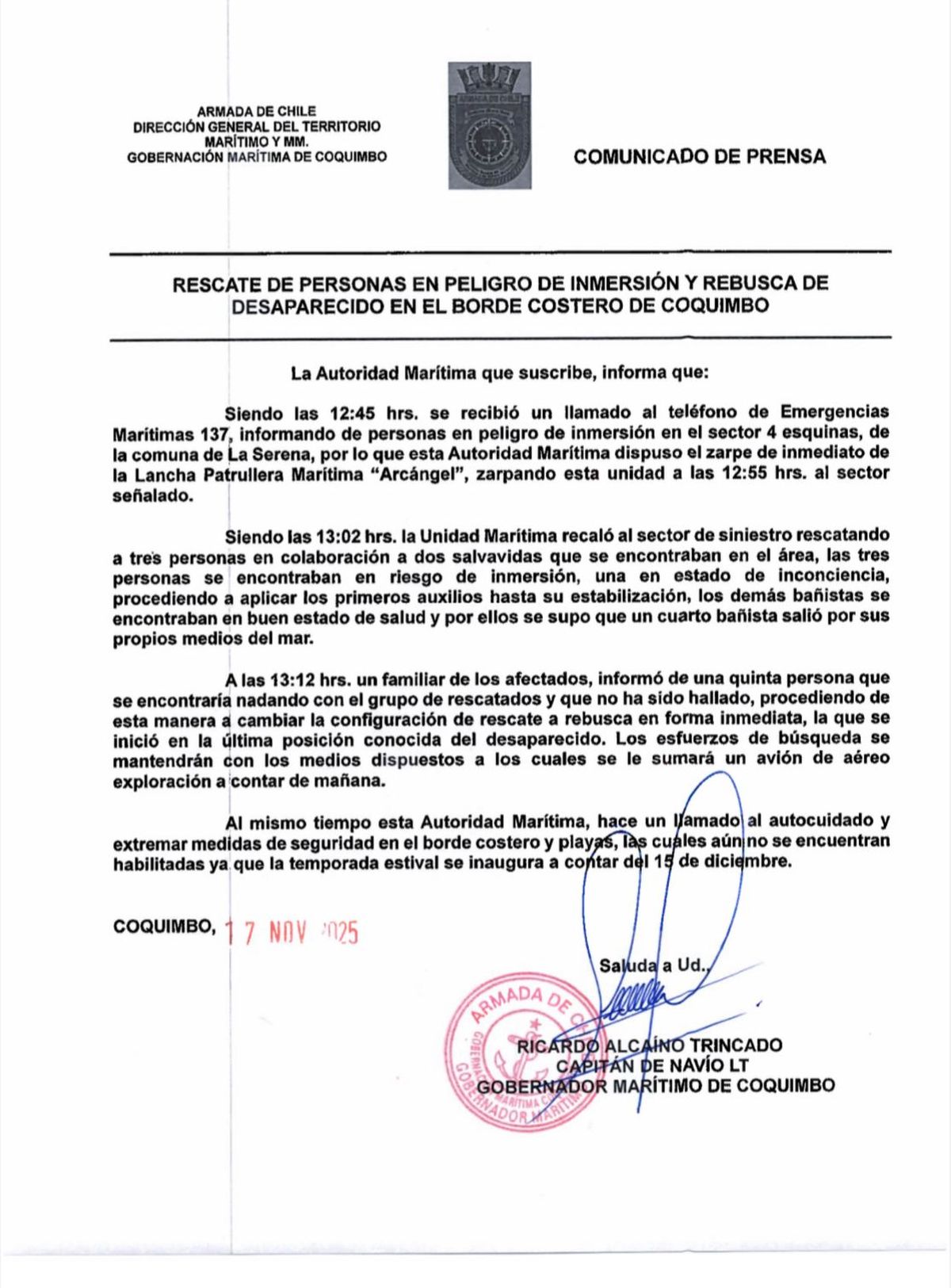 Comunicado oficial de la Gobernación Marítima de Coquimbo.