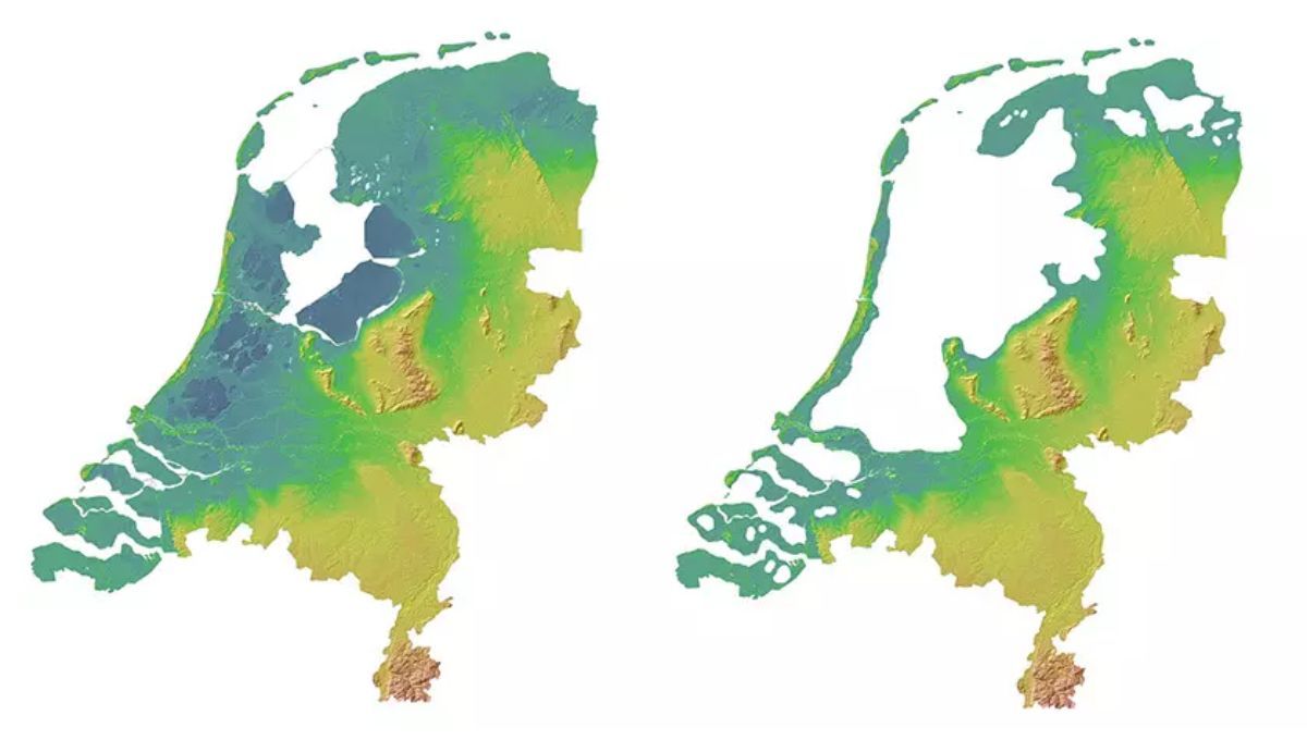 Así serían los Países Bajos sin sus barreras. En total son casi 7.500 km2 de tierra los que Holanda ha logrado arrebatar al mar. Si sus infraestructuras, hoy el país sería una cuarta parte más pequeño. Fuente: fundación Aquae Así serían los Países Bajos sin sus barreras. En total son casi 7.500 km2 de tierra los que Holanda ha logrado arrebatar al mar. Si sus infraestructuras, hoy el país sería una cuarta parte más pequeño. Fuente: fundación Aquae