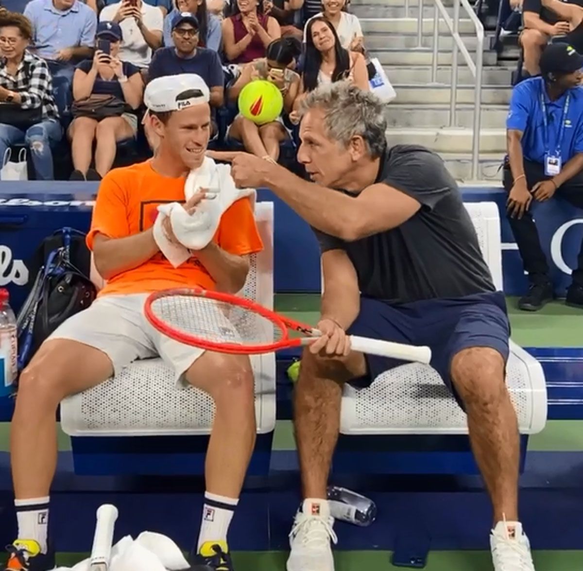 Diego Schwartzman y Ben Stiller en la previa del US Open