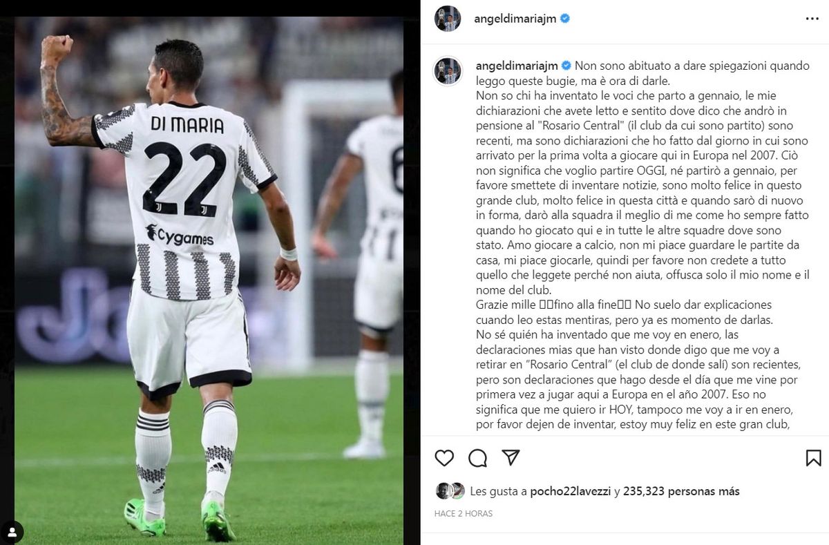 Ángel Di María y su posteo en su cuenta de Instagram.