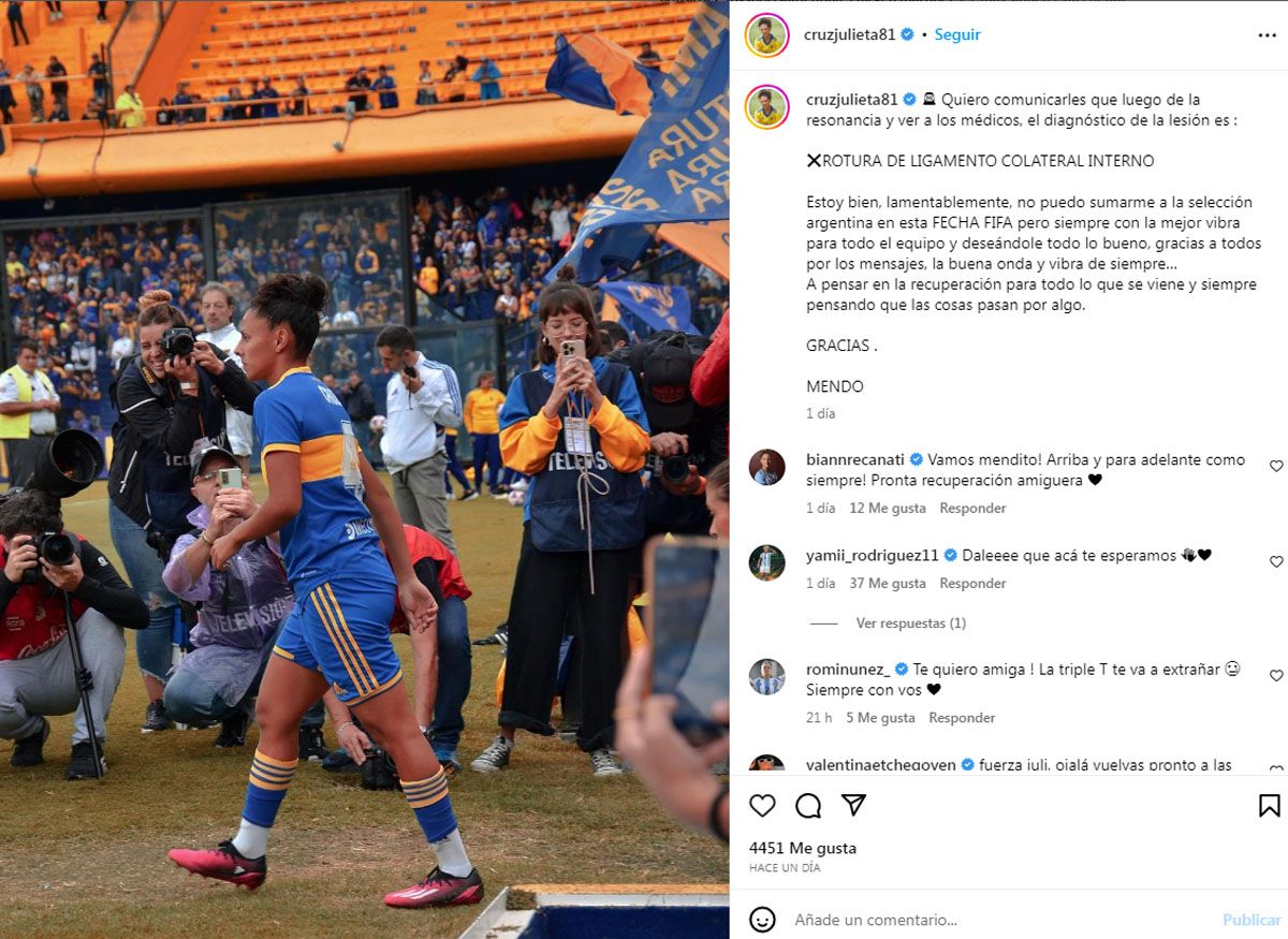 Julieta Cruz confirmó su lesión que preocupa a Boca y a la Selección argentina femenina