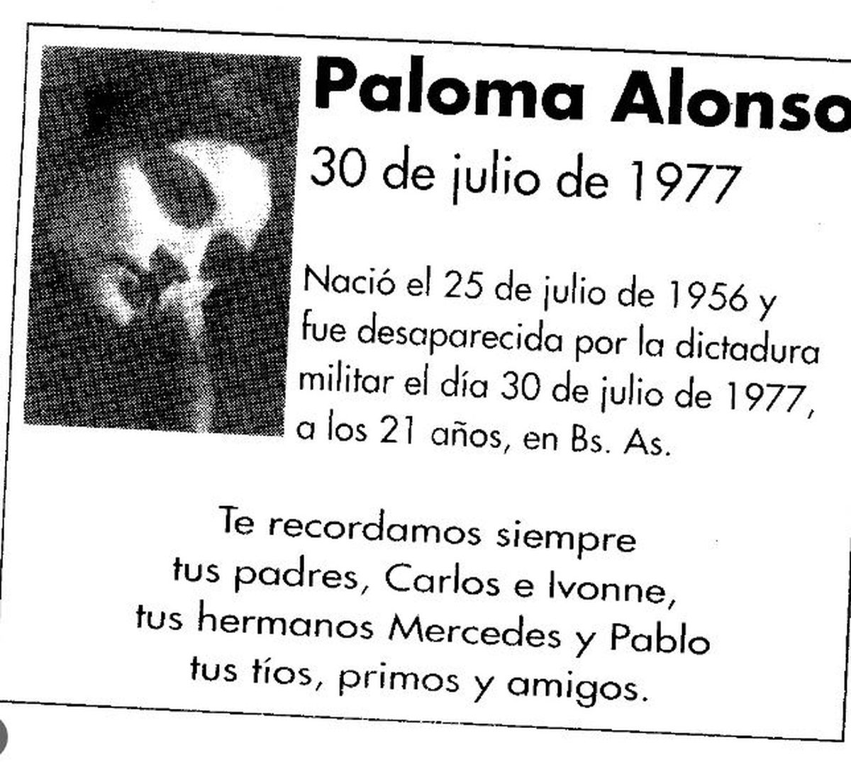 Imagen de una pancarta en la que la familia Alonso recuerda a Paloma.