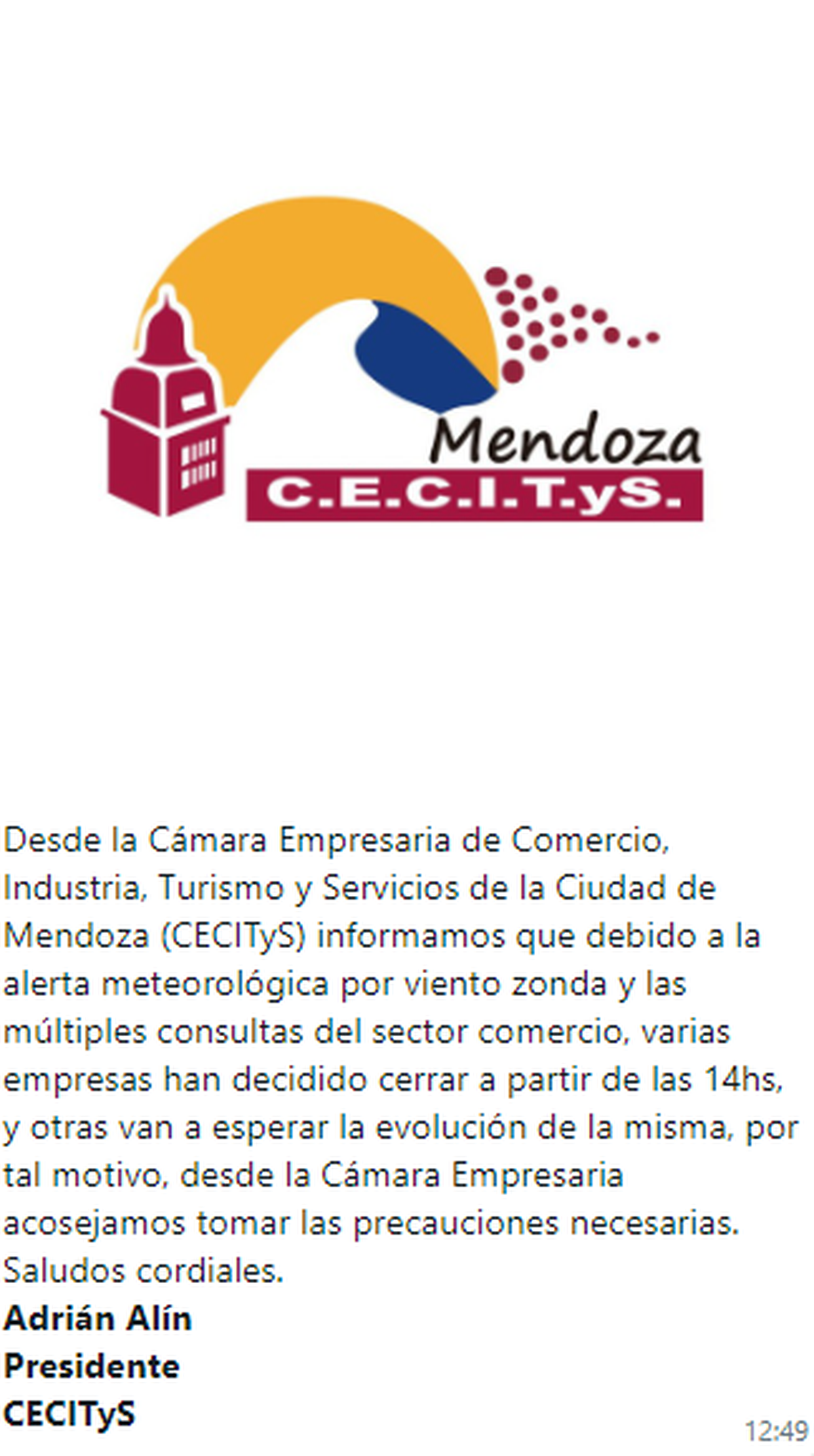 Comunicado oficial de Cecitys por el pronóstico de viento Zonda en Mendoza. Comunicado oficial de Cecitys por el pronóstico de viento Zonda en Mendoza.