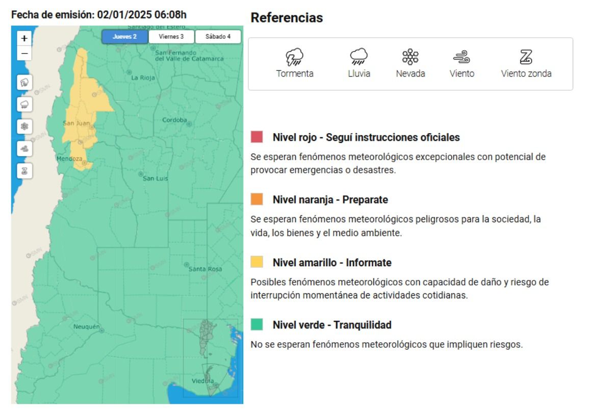La alerta amarilla que publicó el Servicio Meteorológico Nacional para este jueves 2 de enero de 2025. La alerta amarilla que publicó el Servicio Meteorológico Nacional para este jueves 2 de enero de 2025.