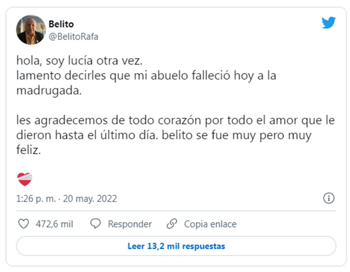 El tuit de Lucía que anunció el fallecimiento de Belito, su abuelo.
