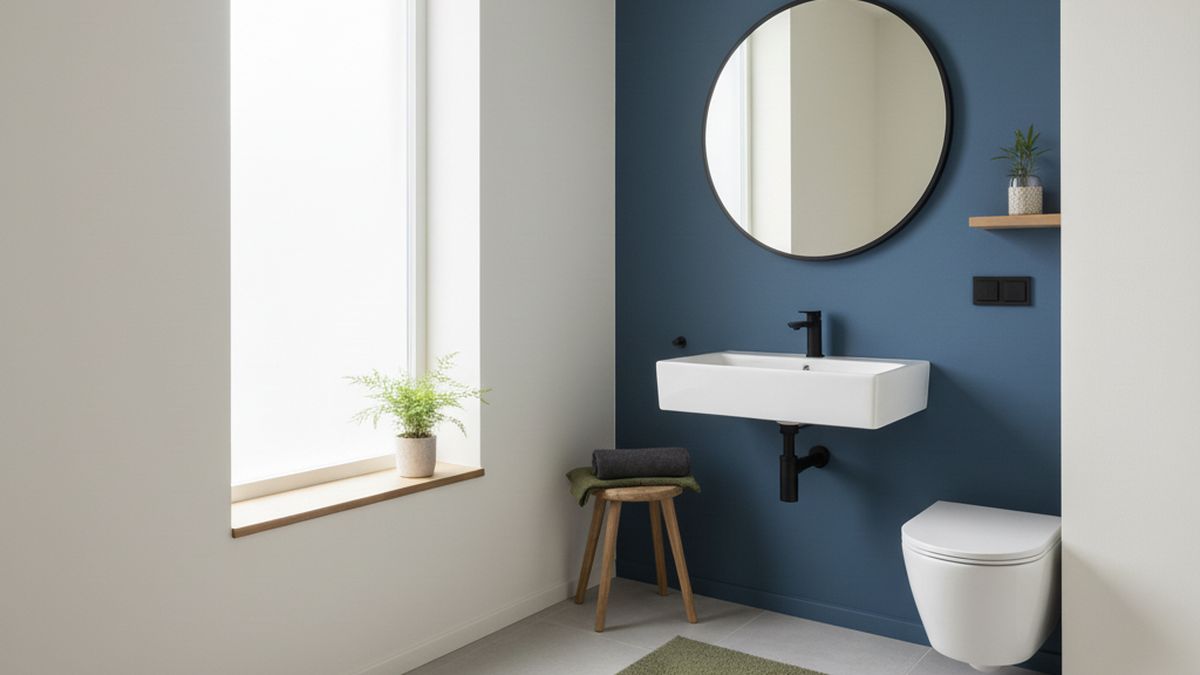 Colores mate en la grifería y azul profundo en las paredes son tendencia en la decoración de un mini baño. Colores mate en la grifería y azul profundo en las paredes son tendencia en la decoración de un mini baño.