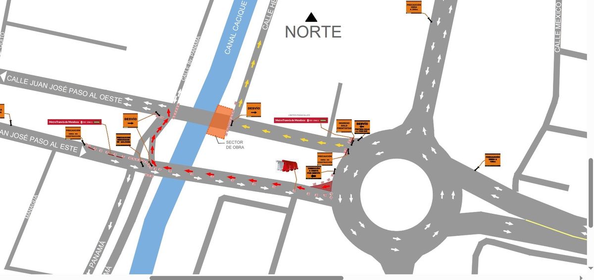 La planimetría de la empresa constructora indica con flecha roja la circulación vehicular provisoria a partir de este miércoles y por 20 días. La planimetría de la empresa constructora indica con flecha roja la circulación vehicular provisoria a partir de este miércoles y por 20 días.