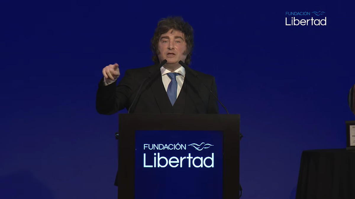 El presidente Javier Milei durante la cena anual de la Fundación Libertad.