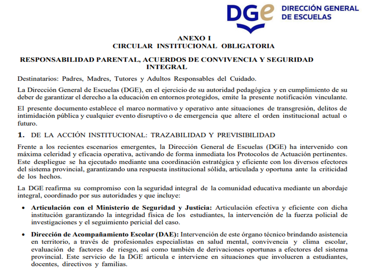 Así arranca la circular de la DGE para los padres de los alumnos de toda la provincia: “Responsabilidad parental, acuerdos de convivencia y seguridad integral”. Así arranca la circular de la DGE para los padres de los alumnos de toda la provincia: “Responsabilidad parental, acuerdos de convivencia y seguridad integral”.