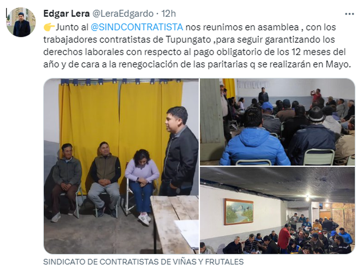 Un tuit reciente de Edgar Lera, secretario general del Sindicato de Contratistas de Viñas.