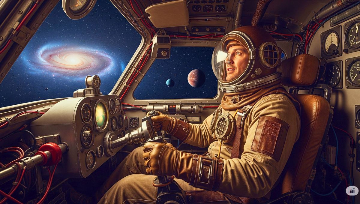 Imagen creada con IA de canva sobre el primer hombre en controlar una nave espacial