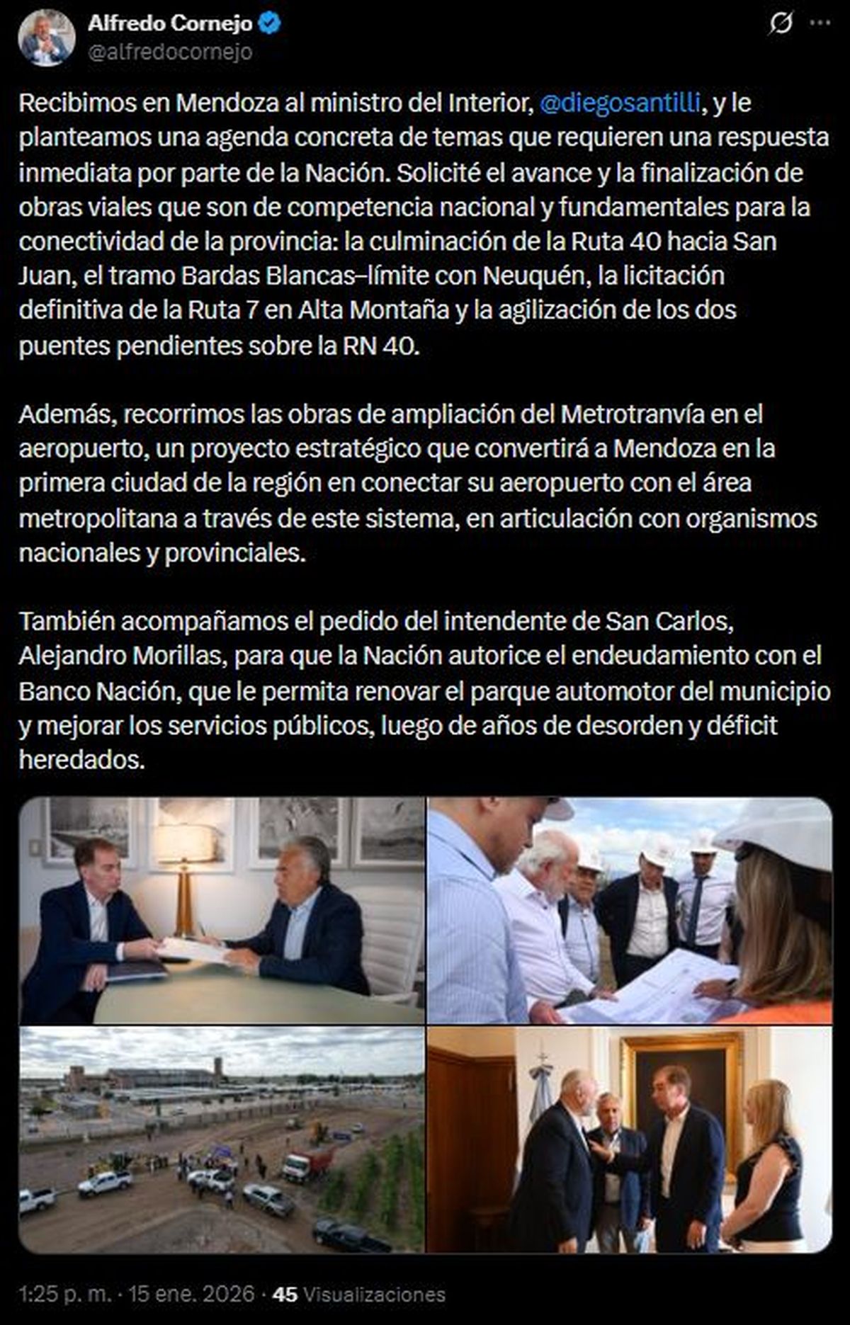 La publicaci&oacute;n de Alfredo Cornejo tras la visita de Santilli, ministro del Interior de la Naci&oacute;n.&nbsp;