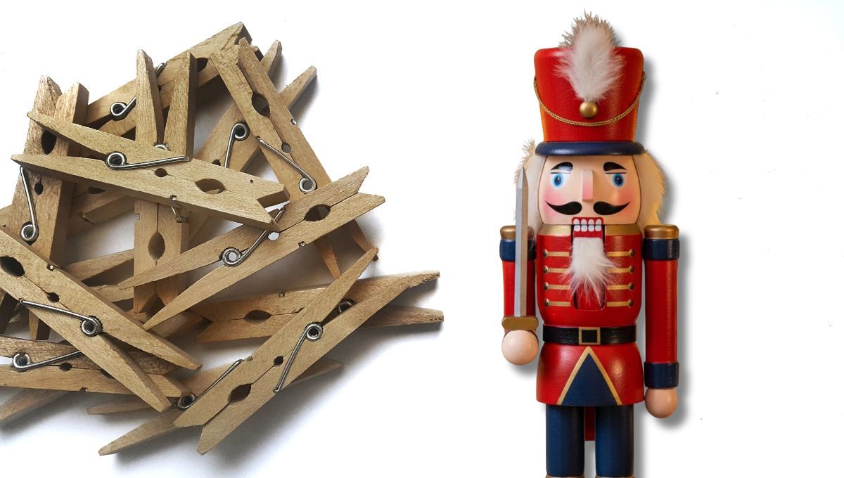 Usando un broche de ropa de madera, crea un hermoso cascanueces para adornar el pinito de Navidad