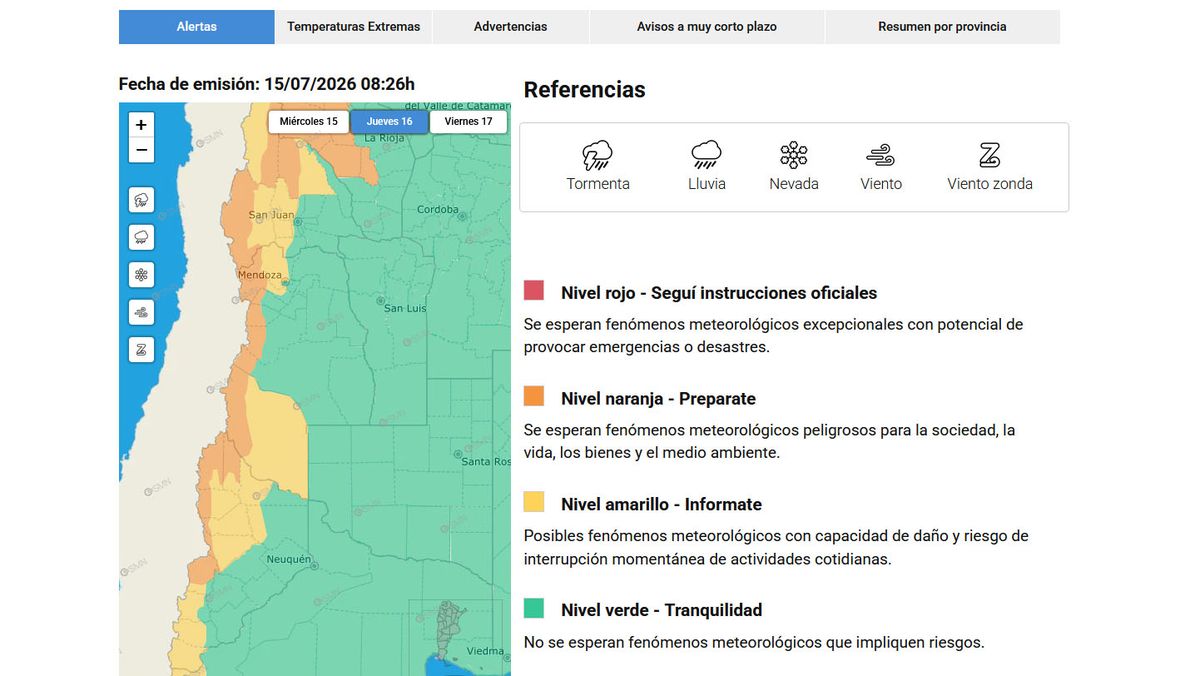 Este jueves habrá alerta naranja en la zona cordillerana por fuertes nevadas y precipitaciones. Fuente: Servicio Meteorológico Nacional Este jueves habrá alerta naranja en la zona cordillerana por fuertes nevadas y precipitaciones. Fuente: Servicio Meteorológico Nacional