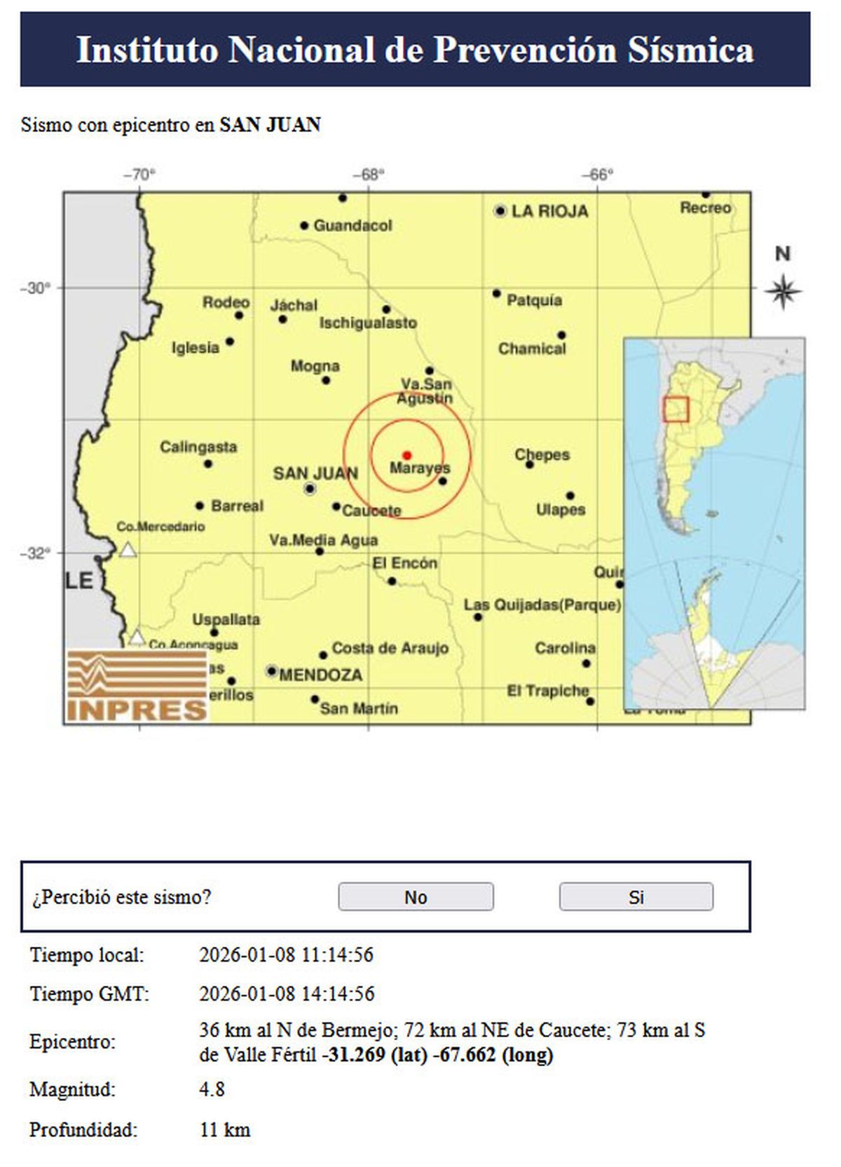 Reporte del temblor en San Juan que se sinti&oacute; en Mendoza seg&uacute;n informaci&oacute;n del INPRES.