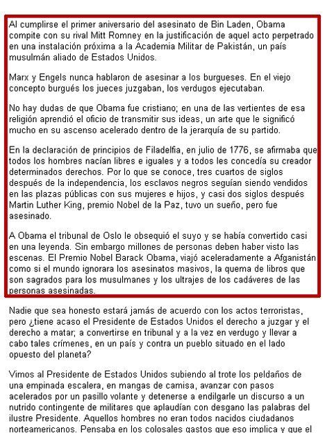 Fidel llamó verdugo a Obama al conmemorarse la muerte de Bin Laden