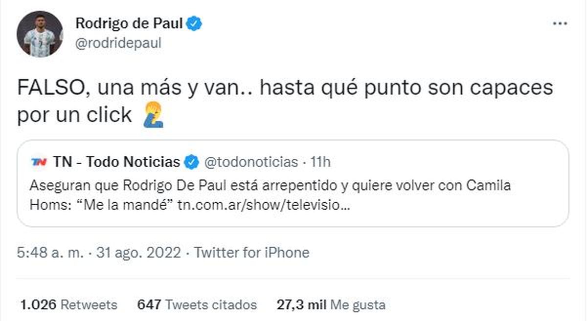 El tuit de Rodrigo de Paul contra el medio que al Grupo Clarín.