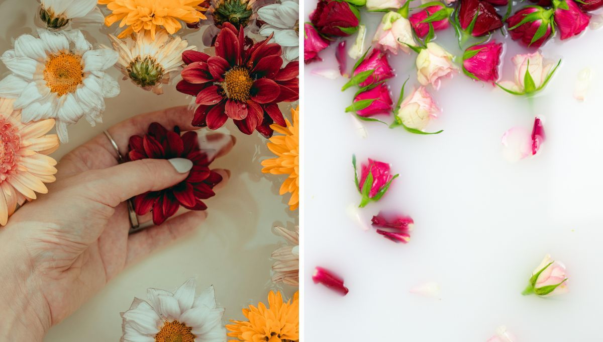 Se pueden agregar pétalos de flores y hojas en la bañera. Se pueden agregar pétalos de flores y hojas en la bañera.