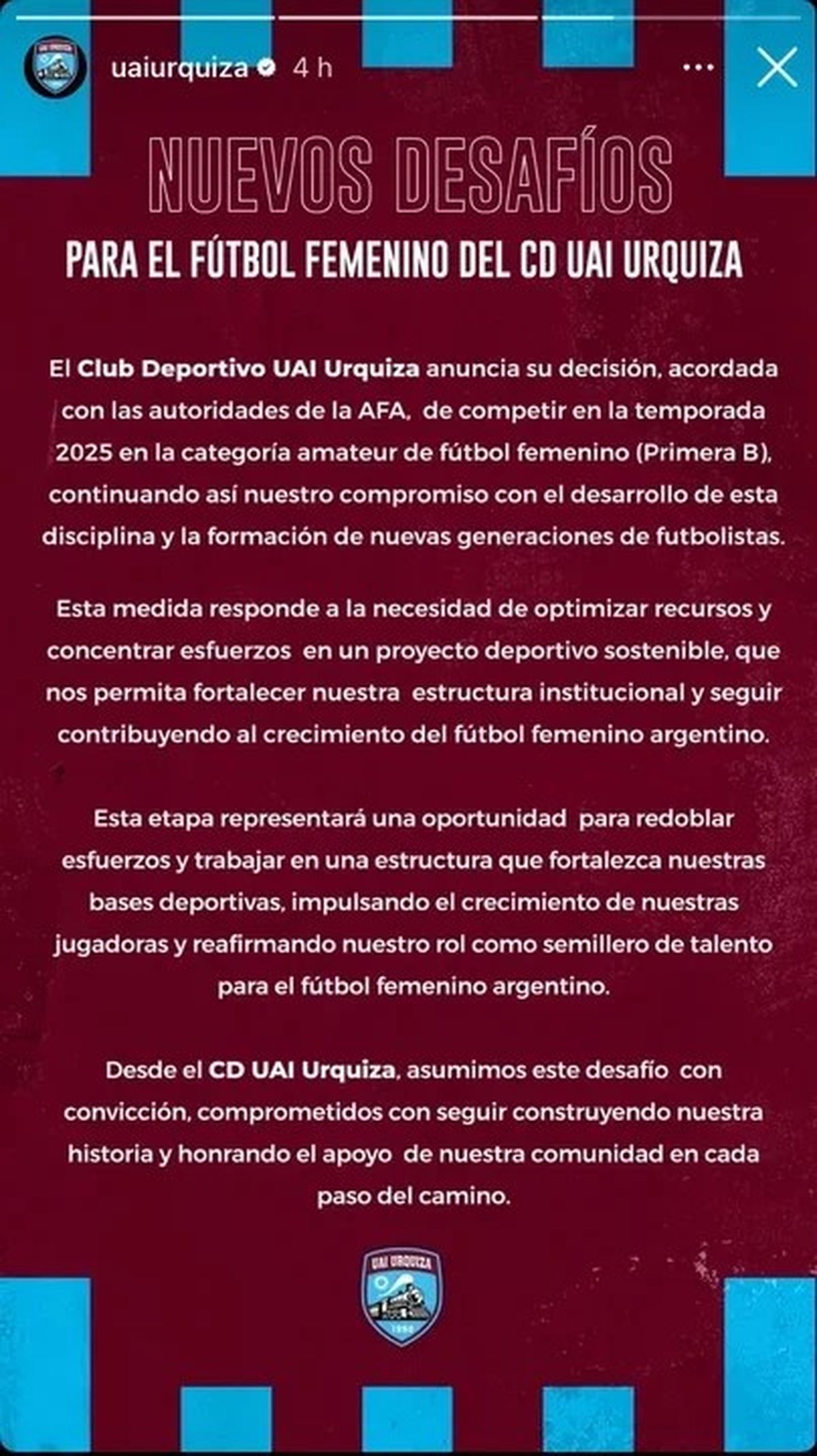 El comunicado del club UAI Urquiza. El comunicado del club UAI Urquiza. 
