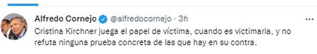 Cornejo se expresó en sus redes sociales sobre la causa Vialidad.