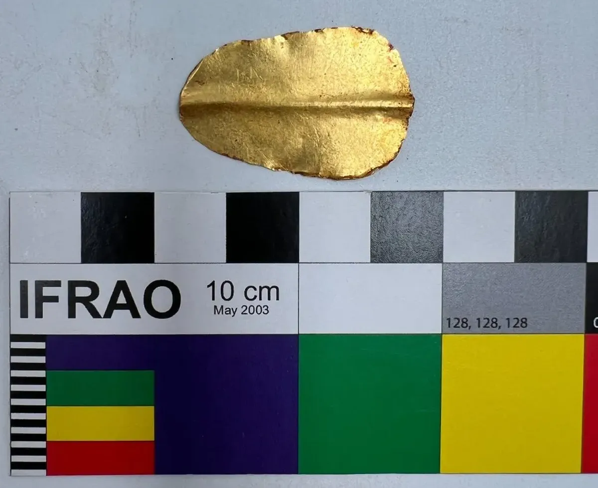 En la zona de Oxirrinco, los arqueólogos hallaron piezas metálicas junto a los cuerpos, como esta lengua de oro diseñada para que el difunto conversara con los dioses. Este tipo de objetos metálicos formaba parte de los rituales de protección durante el proceso de momificación en el antiguo Egipto, permitiendo que la persona mantuviera su voz frente al dios Osiris en el reino de los muertos. En la zona de Oxirrinco, los arqueólogos hallaron piezas metálicas junto a los cuerpos, como esta lengua de oro diseñada para que el difunto conversara con los dioses. Este tipo de objetos metálicos formaba parte de los rituales de protección durante el proceso de momificación en el antiguo Egipto, permitiendo que la persona mantuviera su voz frente al dios Osiris en el reino de los muertos.