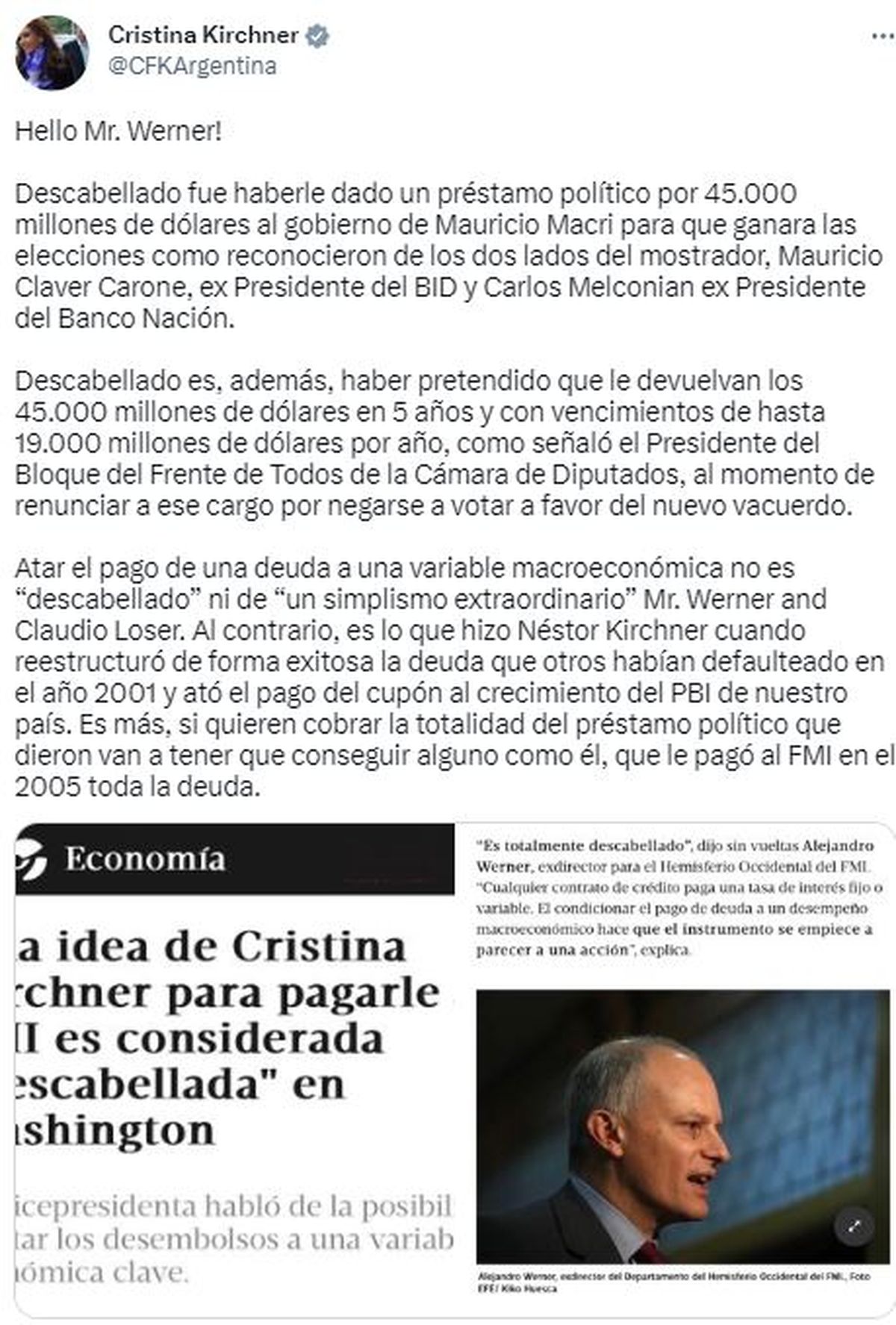 Cornejo se reunió en Washington con Alejandro Werner, el ex del FMI al que Cristina le dedicó un tuit