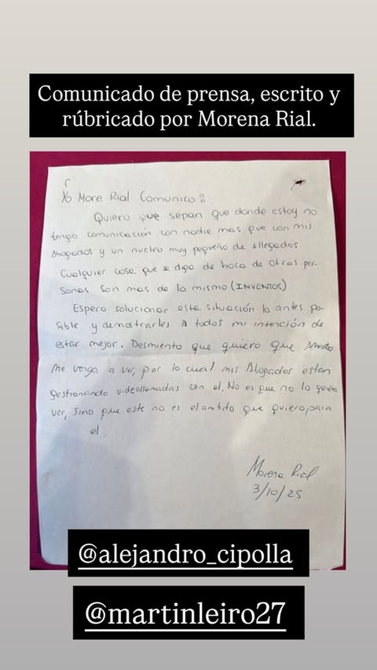 La carta de Morena Rial desde el penal.