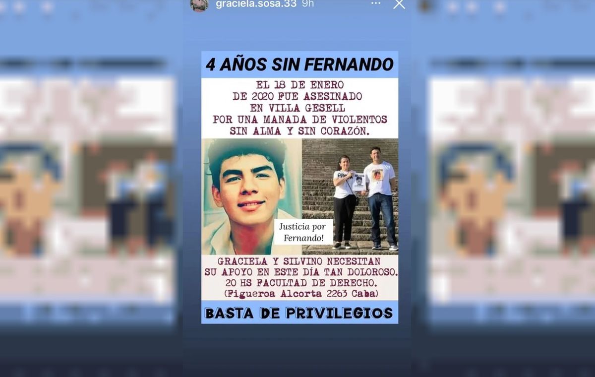 El flyer que invita a acompañar a los padres de Fernando Báez Sosa al homenaje a realizarse frente a la Facultad de Abogacía de la UBA El flyer que invita a acompañar a los padres de Fernando Báez Sosa al homenaje a realizarse frente a la Facultad de Abogacía de la UBA