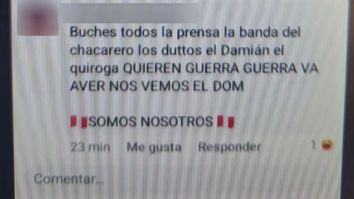 Un mensaje que muestra la disputa entre barrabravas de San Martín. Un mensaje que muestra la disputa entre barrabravas de San Martín.