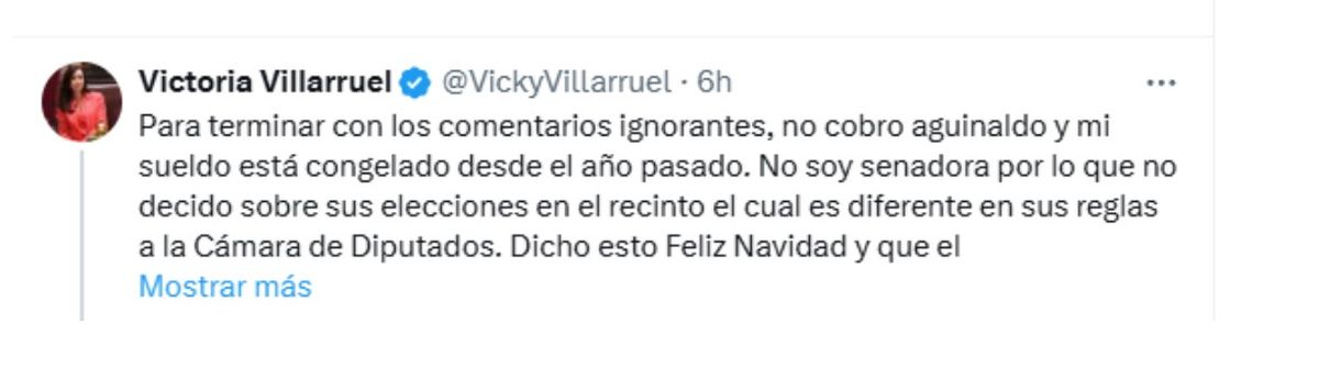 Respuesta de Victoria Villarruel a un usuario de X que la acusó de percibir los aumentos que tendrán los senadores nacionales. Respuesta de Victoria Villarruel a un usuario de X que la acusó de percibir los aumentos que tendrán los senadores nacionales.