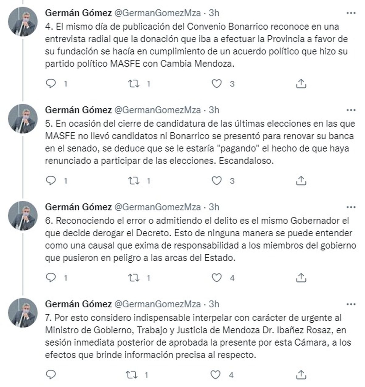 El hilo que publicó esta mañana el legislador provincial.