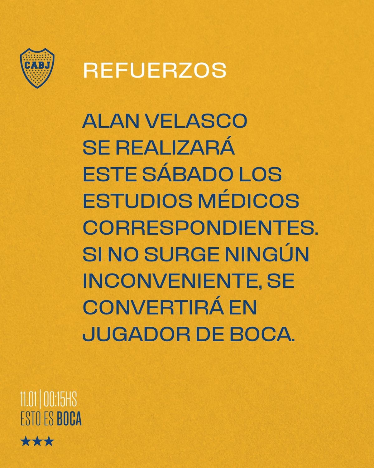 Durante la madrugada, Boca confirmó la llegada de Alan Velasco. Durante la madrugada, Boca confirmó la llegada de Alan Velasco.