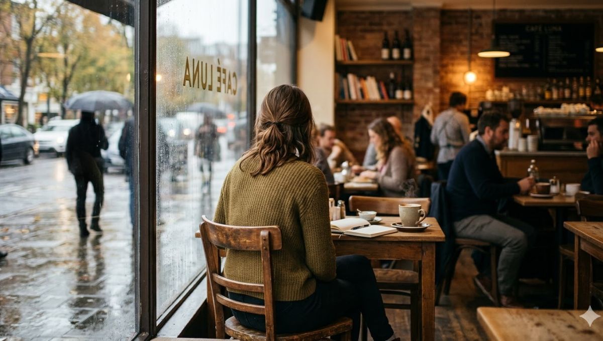 "Una persona se acerca a un café. Se queda quieto, pegado a la vidriera, viendo a una mujer de pelo castaño sentada de espalda". Fuente: imagen creada con IA "Una persona se acerca a un café. Se queda quieto, pegado a la vidriera, viendo a una mujer de pelo castaño sentada de espalda". Fuente: imagen creada con IA