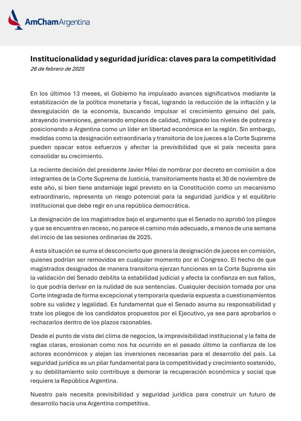El comunicado de AmCham frente a la designación por decreto de dos integrantes de la Corte Suprema de Justicia. El comunicado de AmCham frente a la designación por decreto de dos integrantes de la Corte Suprema de Justicia.