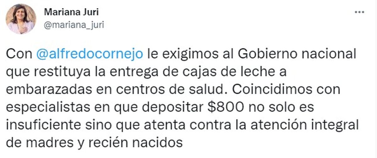 El tuit que publicó Mariana Juri durante la tarde del martes.