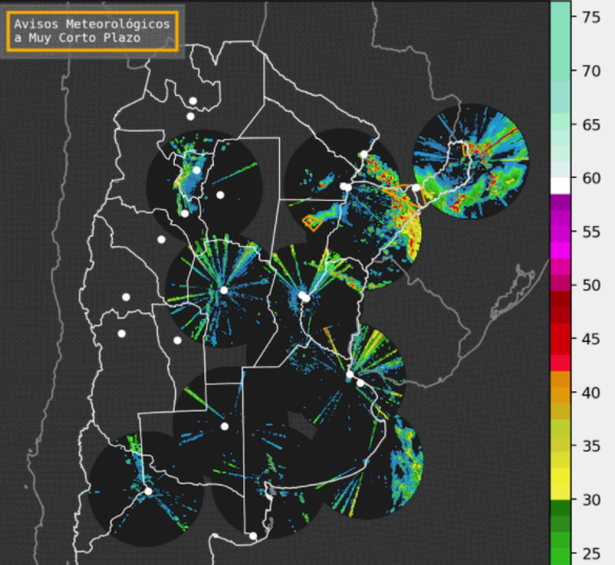 El mapa de radares utilizados para avisos a corto plazo del SMN. Mendoza no está cubierta.