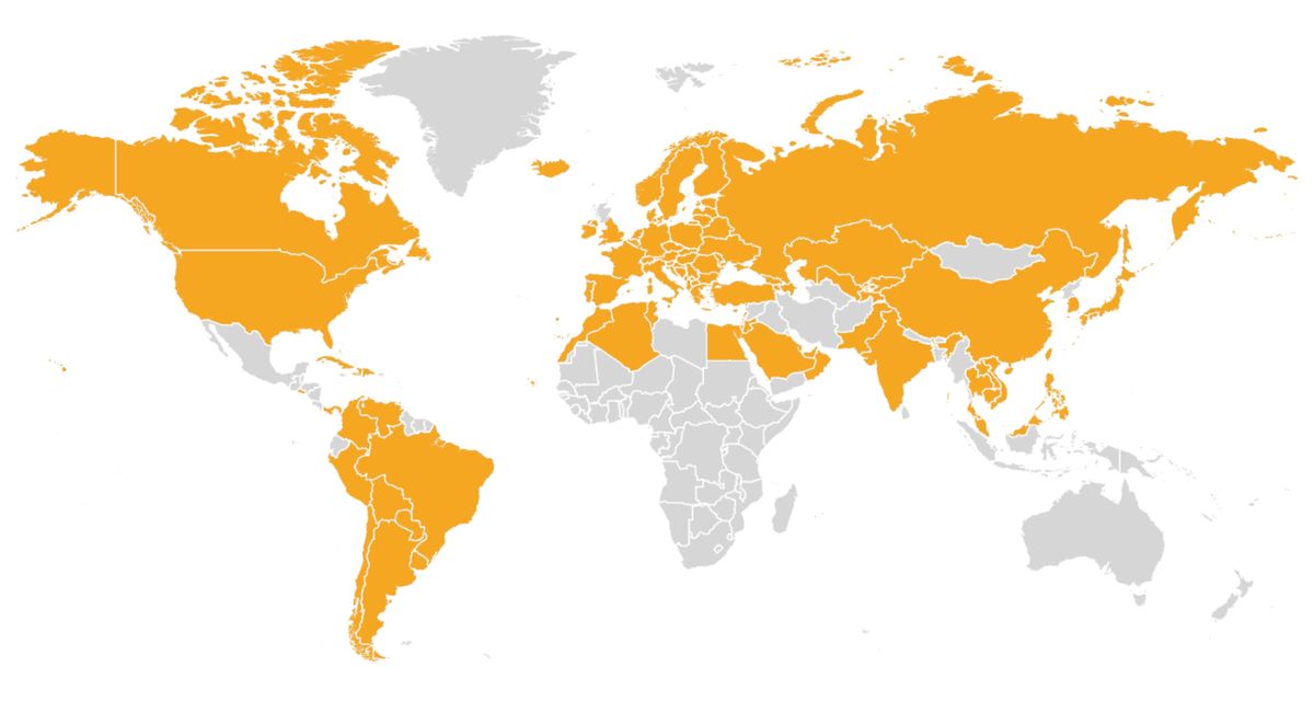 El mapa tiene marcado en amarillo los países que visitó Sáez. El mapa tiene marcado en amarillo los países que visitó Sáez.