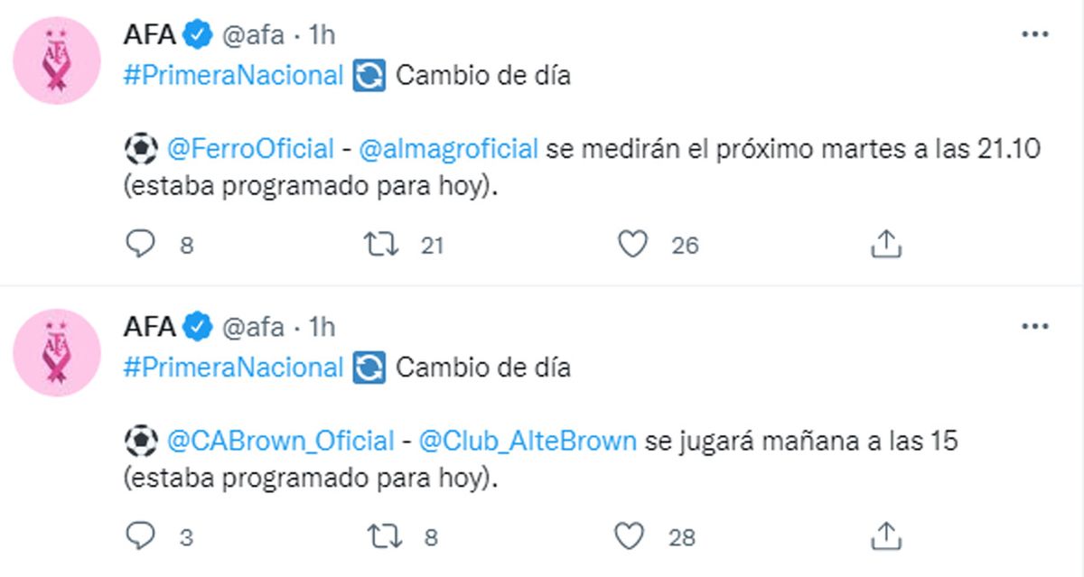 La AFA comunicó las modificaciones de dos partidos de la Primera Nacional.