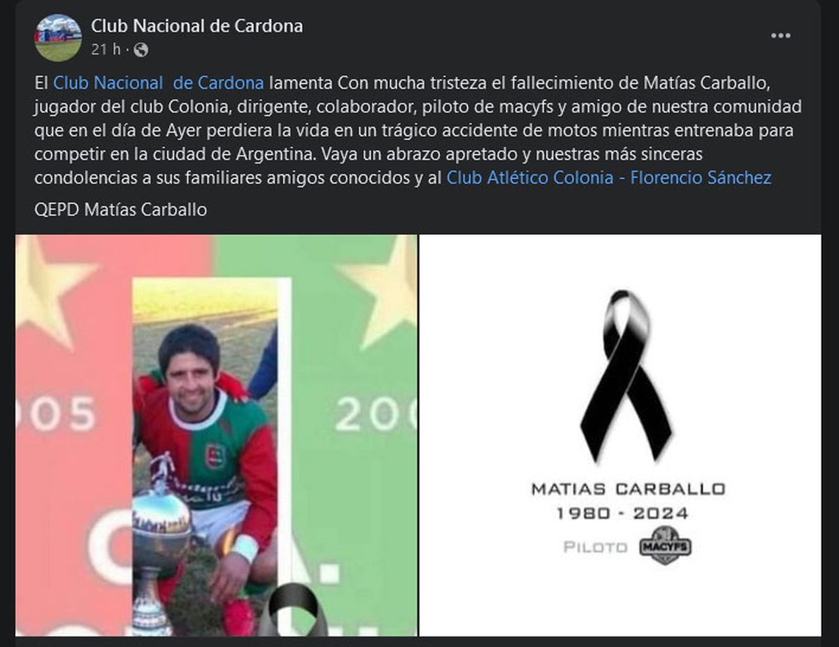 El Club Nacional de Cardona, de Uruguay, emitió un comunicado en las redes sociales para despedir a Matías Carballo. El Club Nacional de Cardona, de Uruguay, emitió un comunicado en las redes sociales para despedir a Matías Carballo.